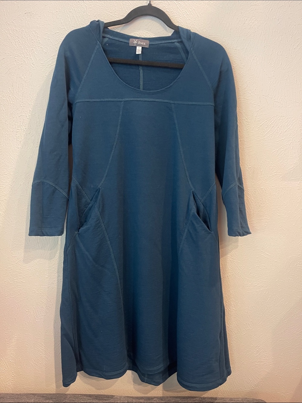 Ibex Teal Long-Sleeve Hooded A-Line Dress. Merino Wool. Size L.